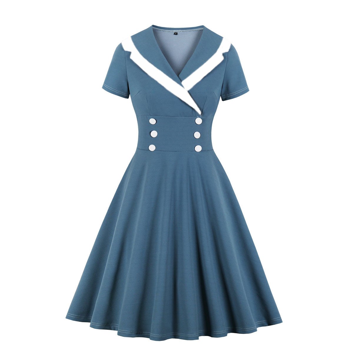 Women Contrast Color V Neck Vintage Dresses-Vintage Dresses-Blue-S-Free Shipping Leatheretro
