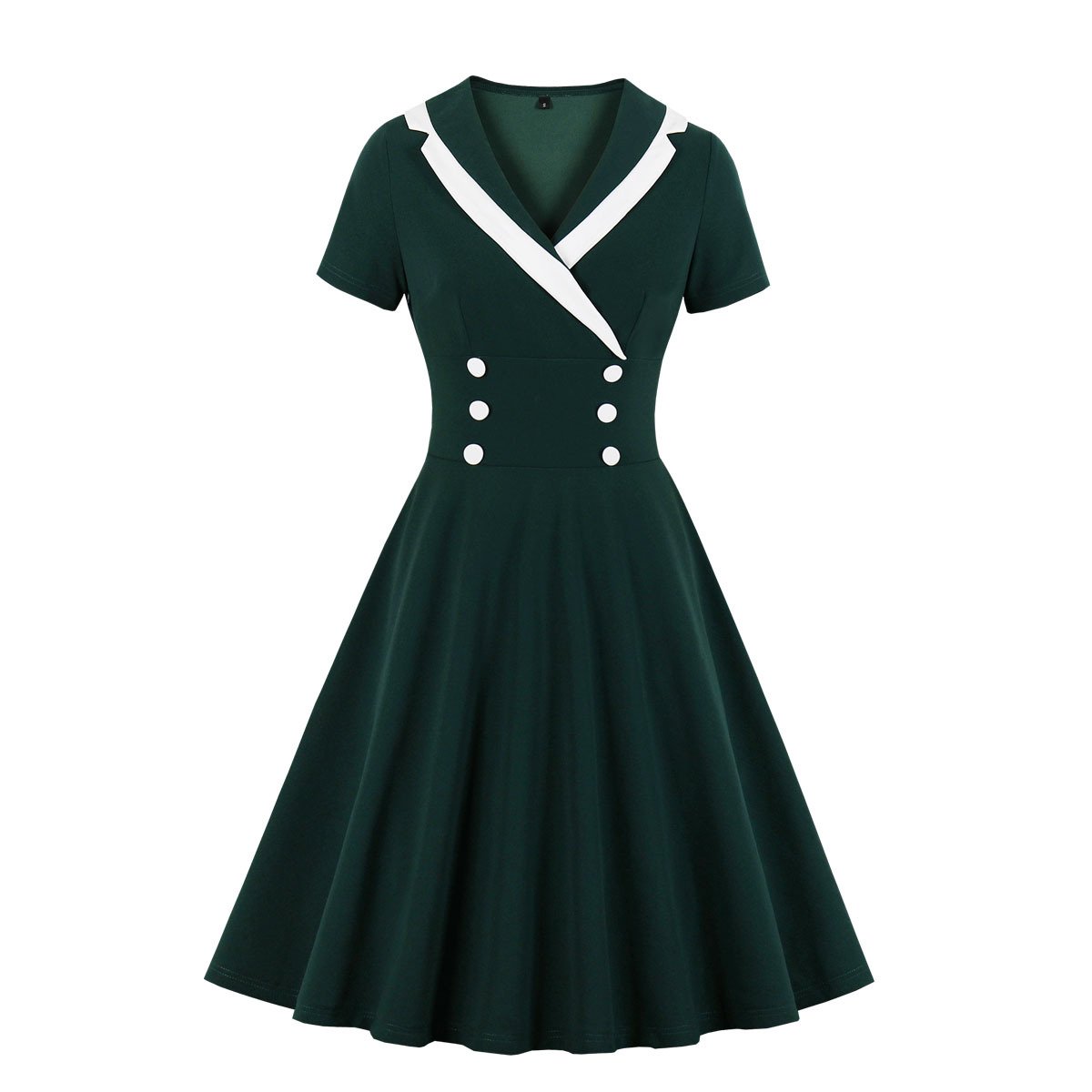 Women Contrast Color V Neck Vintage Dresses-Vintage Dresses-Green-S-Free Shipping Leatheretro