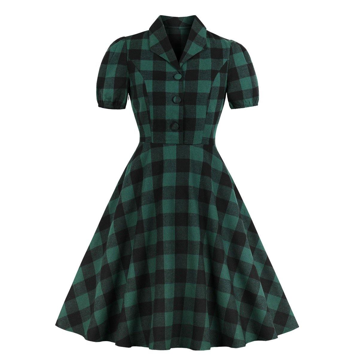 Women Short Sleeves Plaid Vintage Dresses-Vintage Dresses-The same as picture-S-Free Shipping Leatheretro