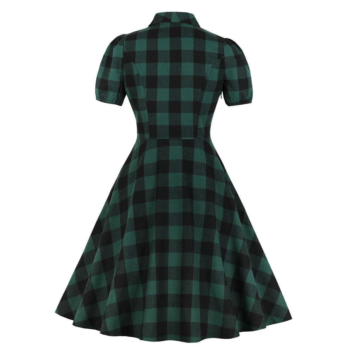 Women Short Sleeves Plaid Vintage Dresses-Vintage Dresses-The same as picture-S-Free Shipping Leatheretro