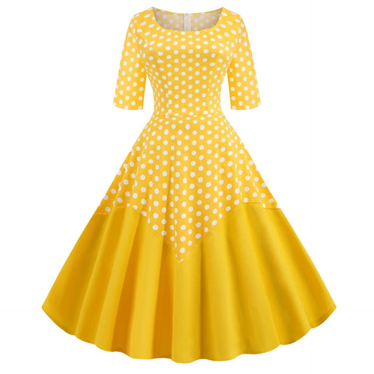 Round Neck Half Sleeves Vintage Dresses-Vintage Dresses-Yellow-S-Free Shipping Leatheretro