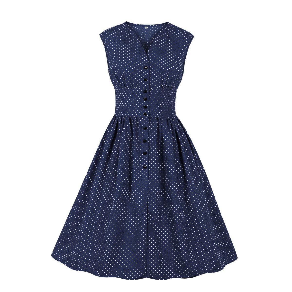 Women Sleeveless V Neck Dot Print Vintage Dresses with Buttons-Vintage Dresses-Yellow-S-Free Shipping Leatheretro