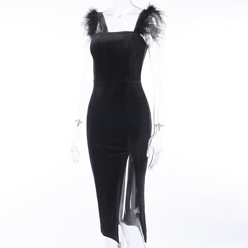 Sexy Feather Midi Length Sheath Dresses-Dresses-Black-S-Free Shipping Leatheretro