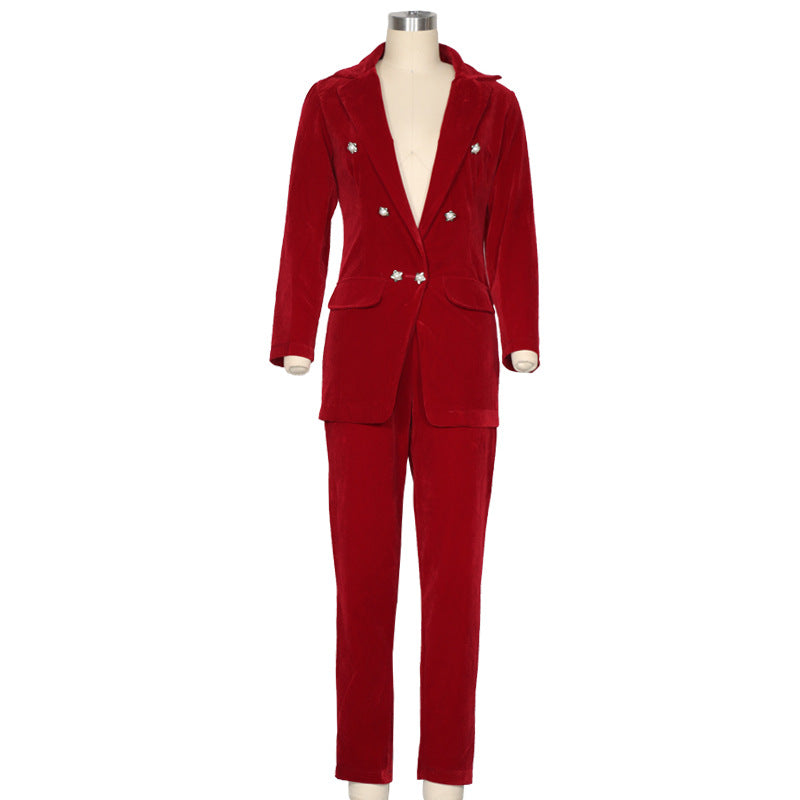 Women Casual Office Lady Blazer Outfits Sets-Suits-Red-S-Free Shipping Leatheretro