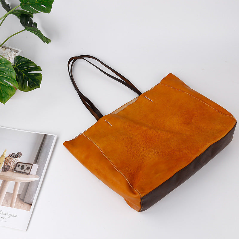 Handmade Cowhide Veg Tanned Leather Tote Handbags-Handbag & Wallet Accessories-Brown-Free Shipping Leatheretro