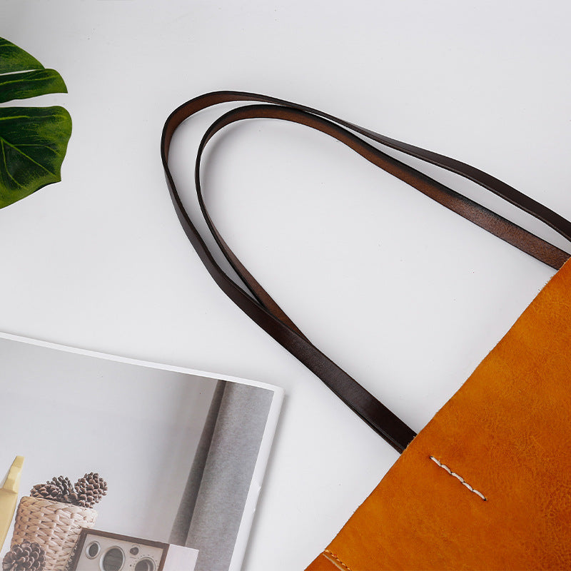 Handmade Cowhide Veg Tanned Leather Tote Handbags-Handbag & Wallet Accessories-Brown-Free Shipping Leatheretro