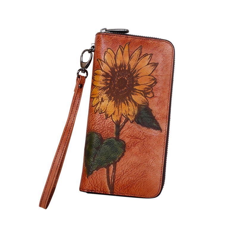 3D Sunflower Design Handmade Leather Wallets for Women 8022-Handbags, Wallets & Cases-Brown-Free Shipping Leatheretro