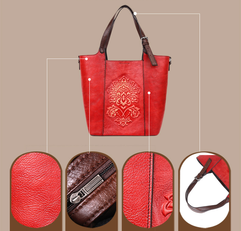 Vintage Hand Rubbing Cowhide Leather Tote Bags 8078-Leather Handbag for Women-Red-Free Shipping Leatheretro