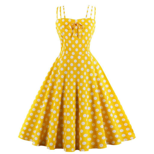 Women Summer Sphagetti Straps Dot Print Dresses-Vintage Dresses-Yellow-S-Free Shipping Leatheretro