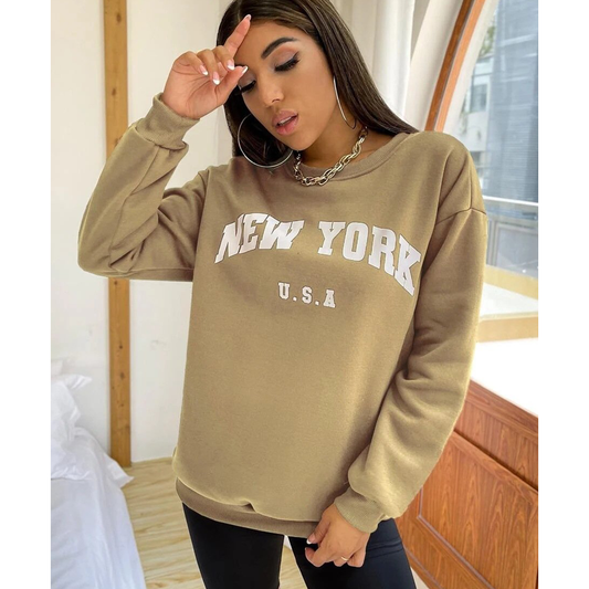 Leisure Women Letter Print Fall Hoodies-Shirts & Tops-Khaki-S-Free Shipping Leatheretro