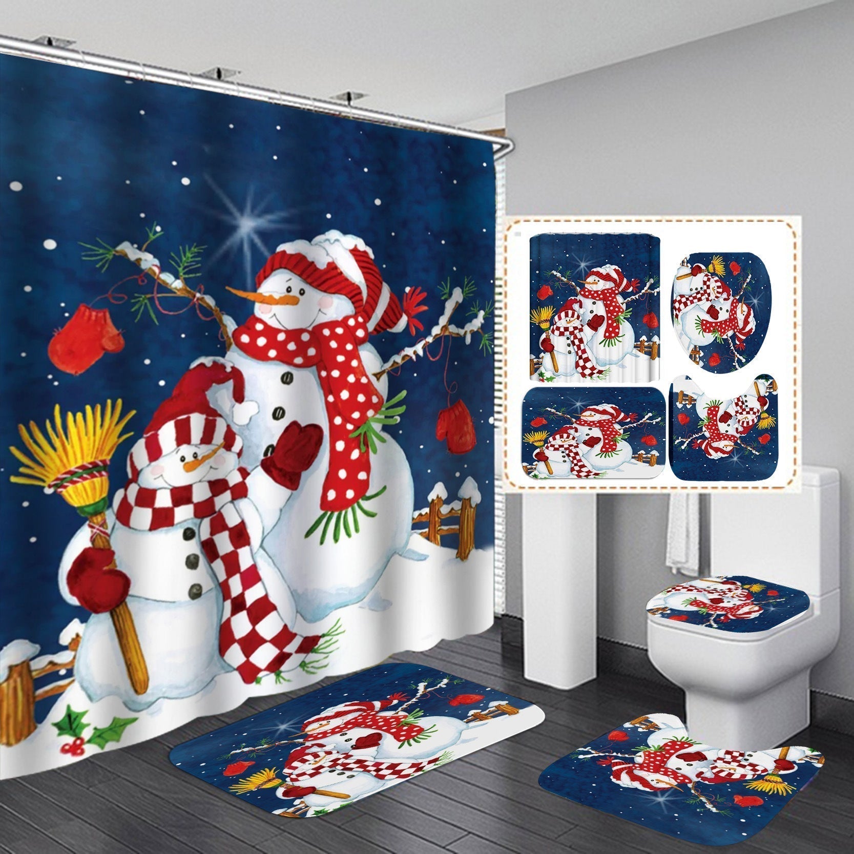 Christmas Dec Shower Curtain Bathroom Rug Set Bath Mat Non-Slip Toilet Lid Cover-Shower Curtain-180×180cm Shower Curtain Only-4-Free Shipping Leatheretro