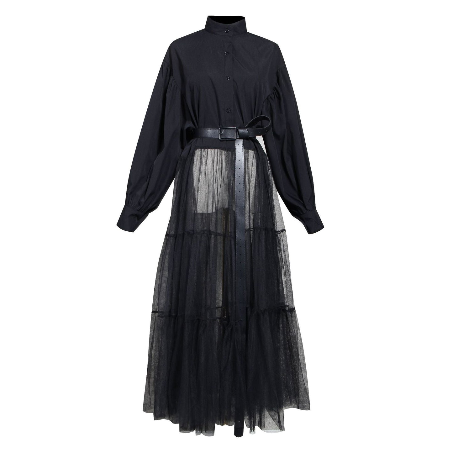 Designed Tulle Contrast High Waist Women Long Shirt Dresses-Dresses-Black-S-Free Shipping Leatheretro