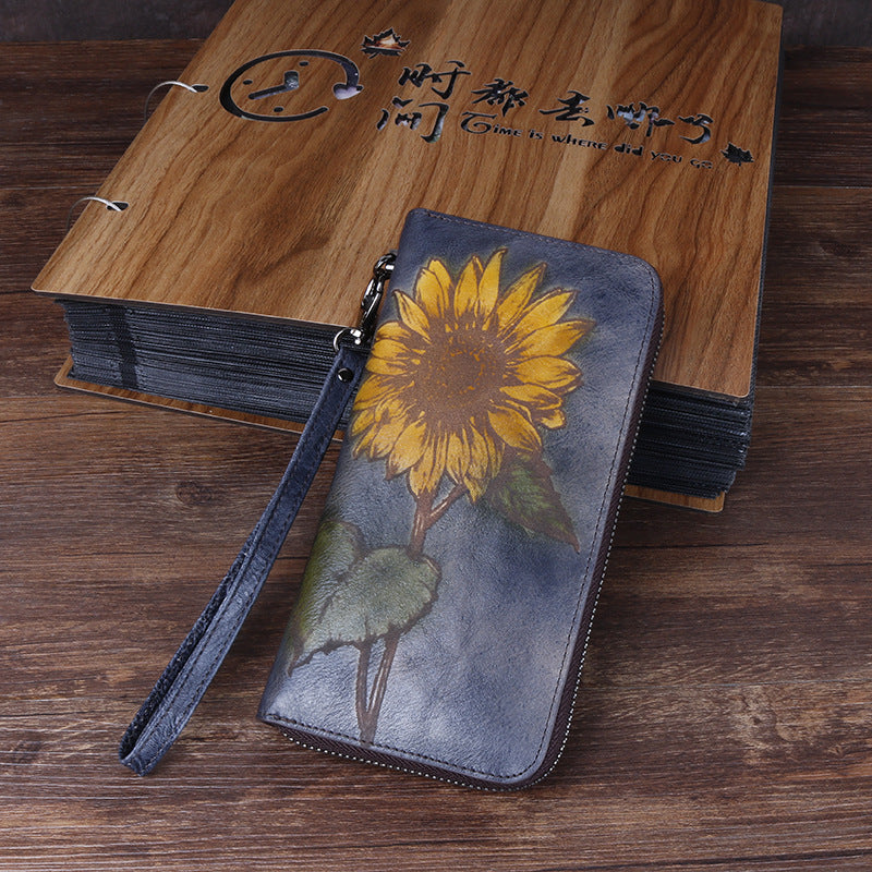 3D Sunflower Design Handmade Leather Wallets for Women 8022-Handbags, Wallets & Cases-Red-Free Shipping Leatheretro