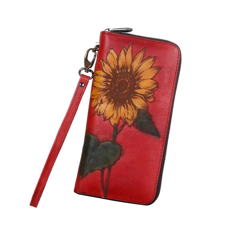 3D Sunflower Design Handmade Leather Wallets for Women 8022-Handbags, Wallets & Cases-Red-Free Shipping Leatheretro