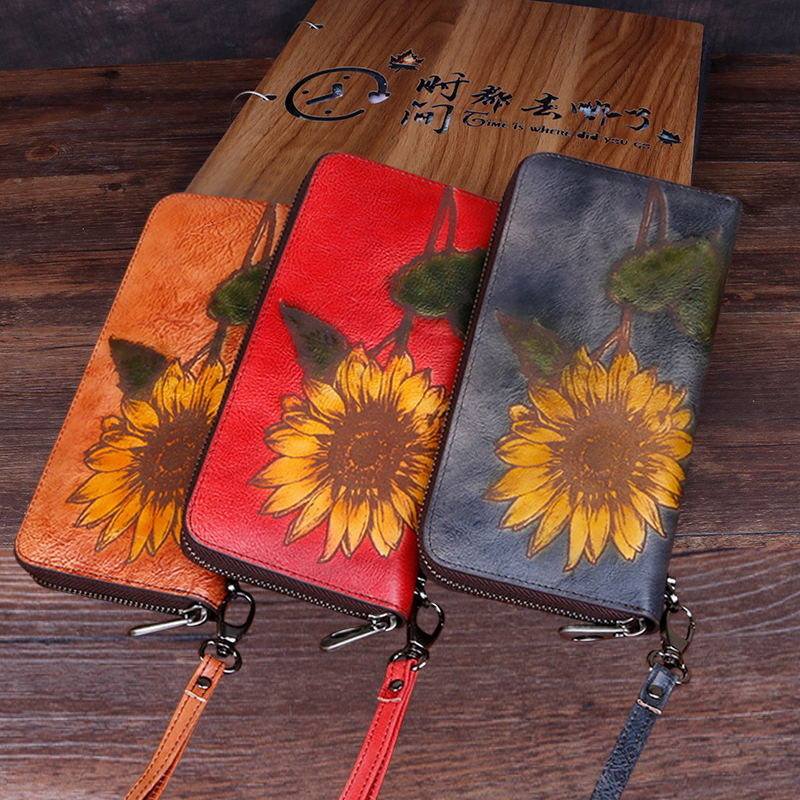 3D Sunflower Design Handmade Leather Wallets for Women 8022-Handbags, Wallets & Cases-Red-Free Shipping Leatheretro