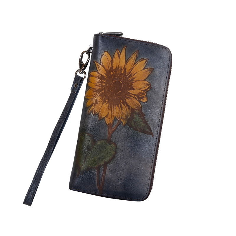 3D Sunflower Design Handmade Leather Wallets for Women 8022-Handbags, Wallets & Cases-Grey-Free Shipping Leatheretro