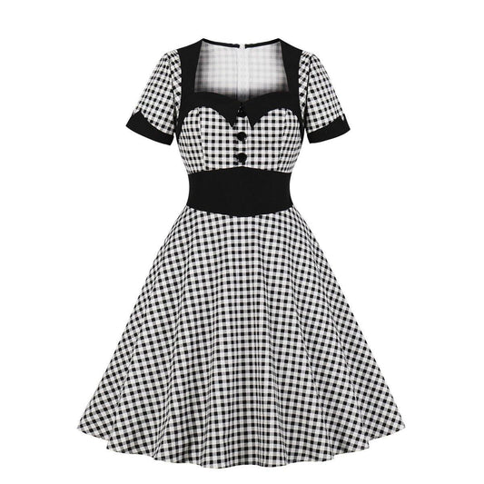 Women Square Neckline Short Sleeves Dresses-Vintage Dresses-The same as picture-S-Free Shipping Leatheretro