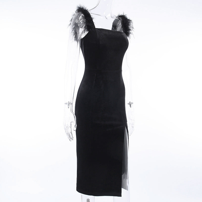 Sexy Feather Midi Length Sheath Dresses-Dresses-Black-S-Free Shipping Leatheretro