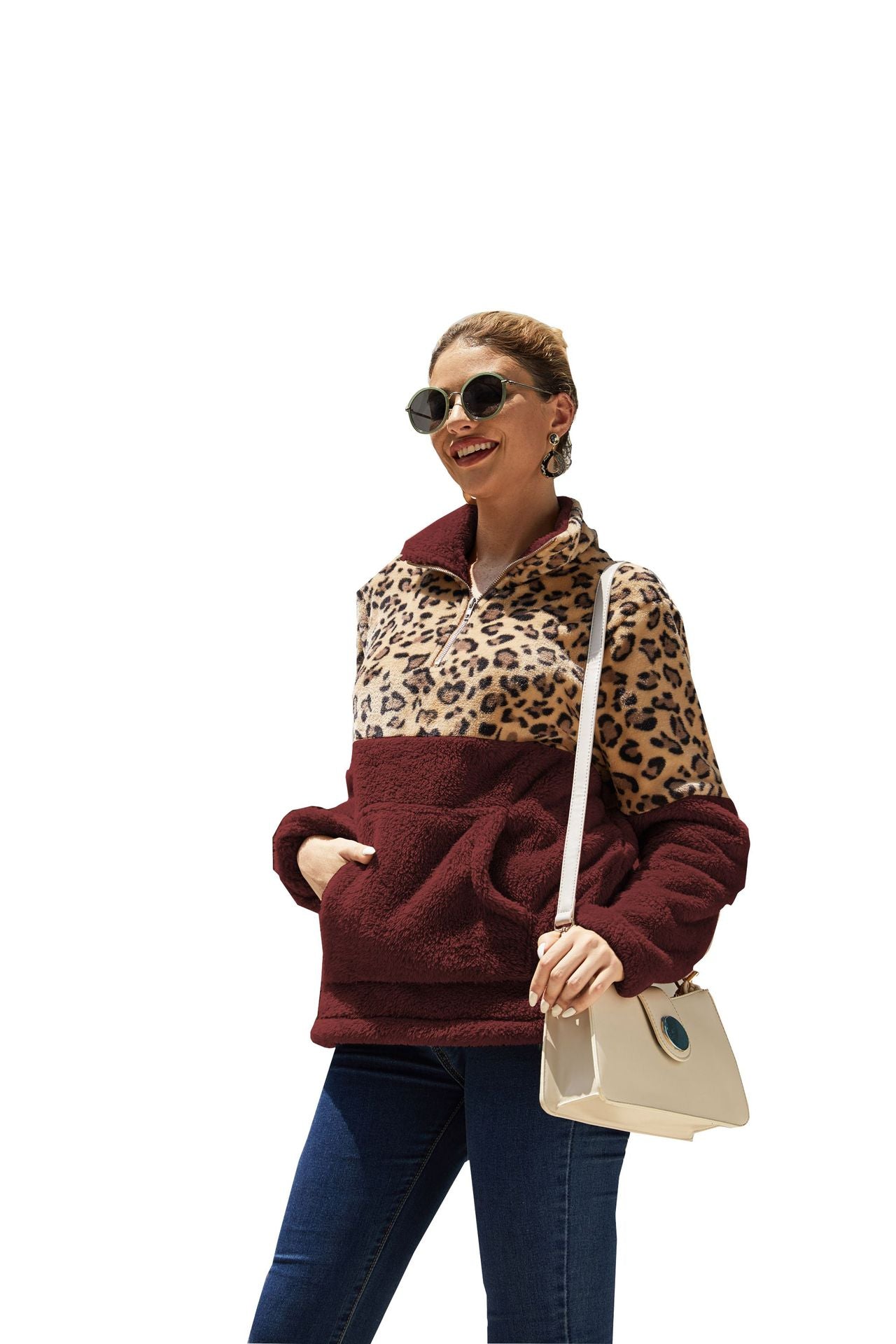 Casual Winter Leopard Long Sleeves Women Tops-Shirts & Tops-Wine Red-S-Free Shipping Leatheretro