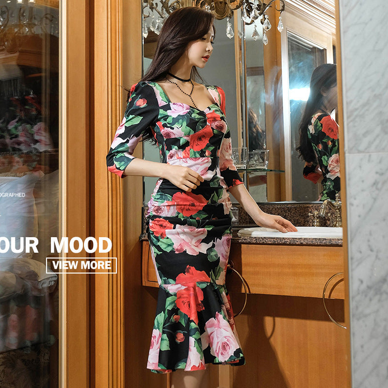 Sexy Floral Print Long Sleeves Mermaid Dresses for Women-Dresses-The same as picture-S-Free Shipping Leatheretro