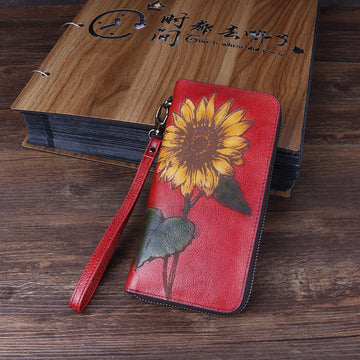 3D Sunflower Design Handmade Leather Wallets for Women 8022-Handbags, Wallets & Cases-Red-Free Shipping Leatheretro