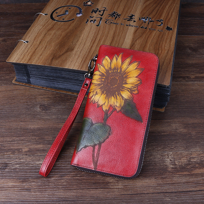 3D Sunflower Design Handmade Leather Wallets for Women 8022-Handbags, Wallets & Cases-Red-Free Shipping Leatheretro