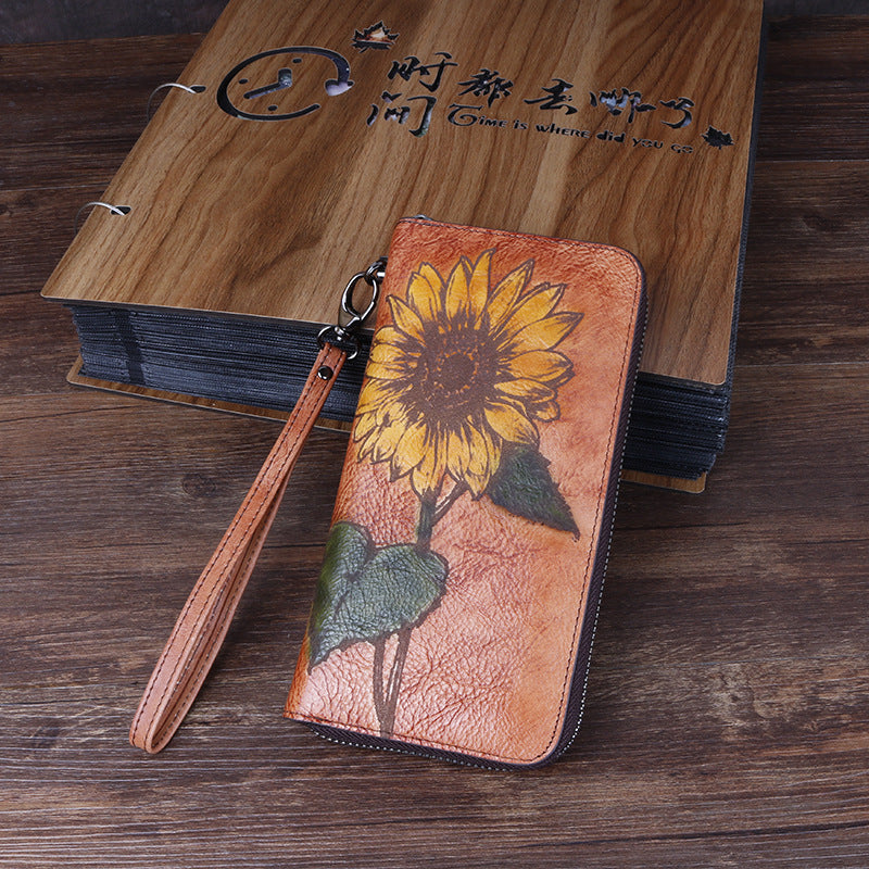3D Sunflower Design Handmade Leather Wallets for Women 8022-Handbags, Wallets & Cases-Red-Free Shipping Leatheretro