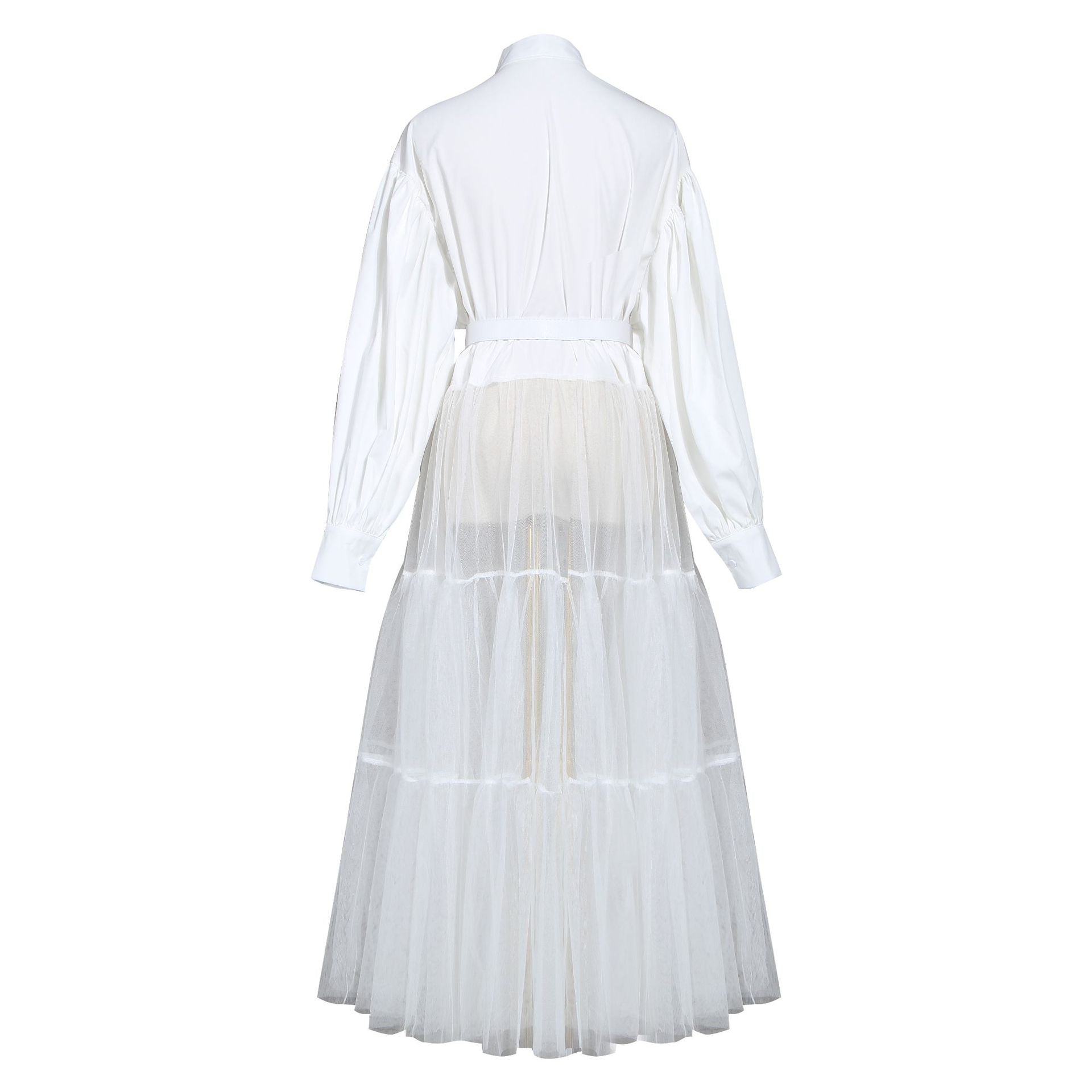 Designed Tulle Contrast High Waist Women Long Shirt Dresses-Dresses-White-S-Free Shipping Leatheretro