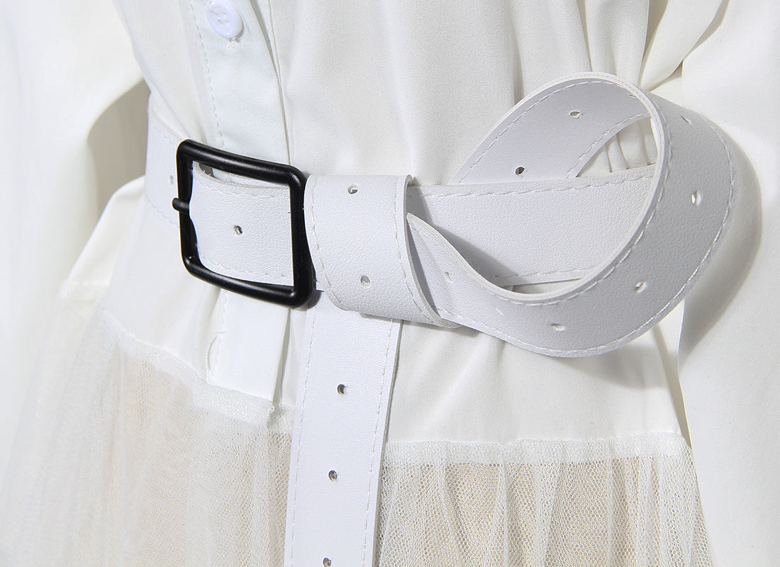 Designed Tulle Contrast High Waist Women Long Shirt Dresses-Dresses-White-S-Free Shipping Leatheretro