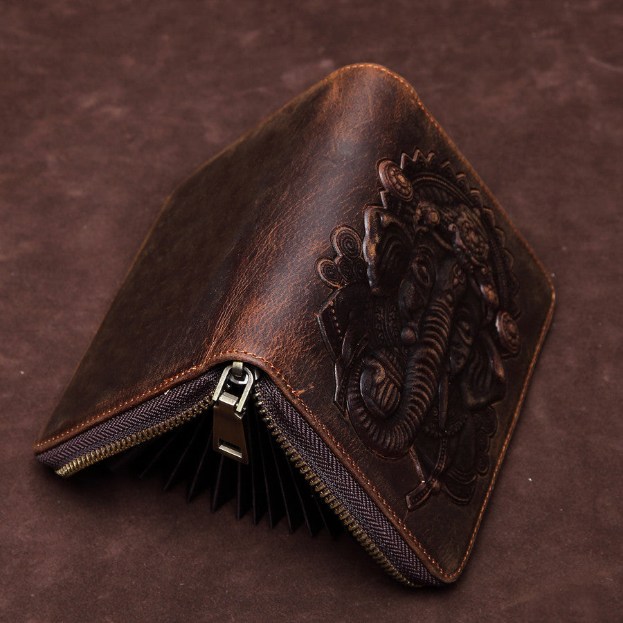 Vintage Zipper Leather Card Holder 8044-Leather Card holder-Coffee-Elephant-Free Shipping Leatheretro