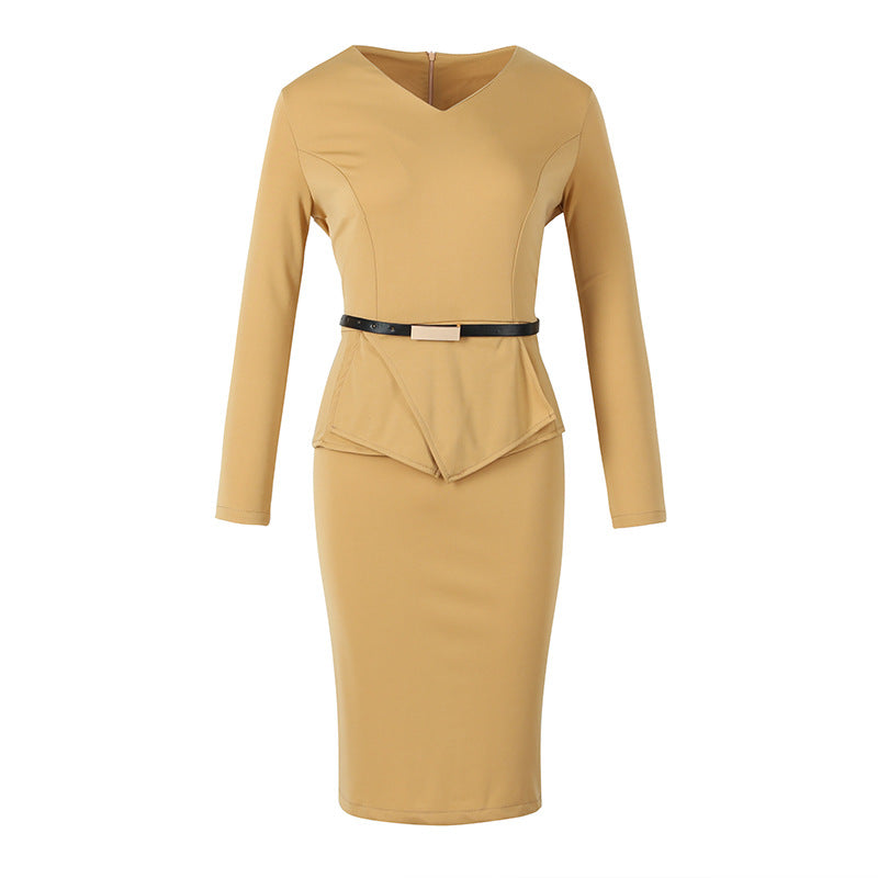 Sexy Tight Office Lady Bodycon Midi Length Dresses-Dresses-Light Brown-S-Free Shipping Leatheretro