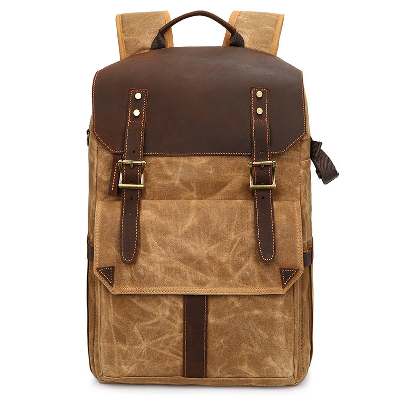 Large Storage SLR Camera Leather Canvas Backpack K001-Leather Canvas Backpack-Khaki-Free Shipping Leatheretro