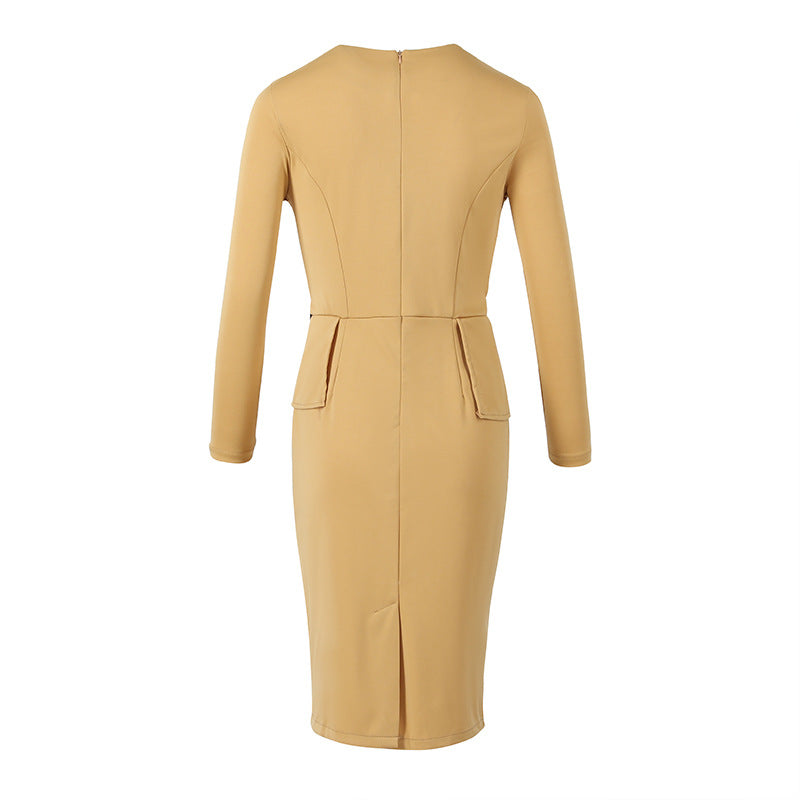 Sexy Tight Office Lady Bodycon Midi Length Dresses-Dresses-Light Brown-S-Free Shipping Leatheretro