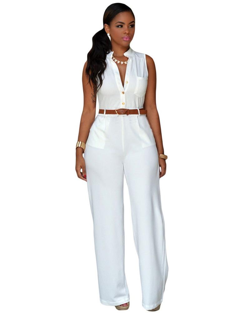 Sexy Pocket Jumsuits with Belt-One Piece Suits-White-S-Free Shipping Leatheretro