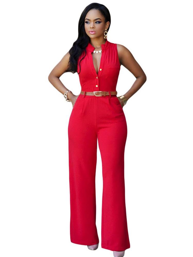 Sexy Pocket Jumsuits with Belt-One Piece Suits-Red-S-Free Shipping Leatheretro