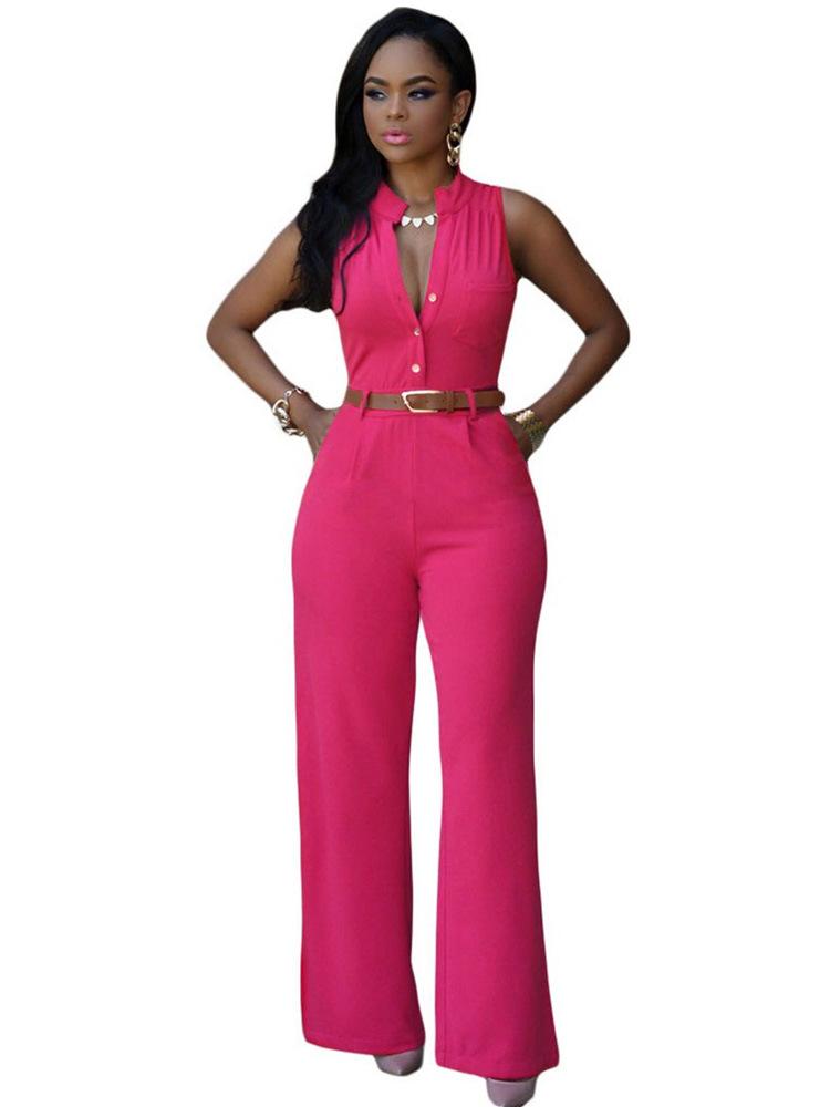 Sexy Pocket Jumsuits with Belt-One Piece Suits-Rose Red-S-Free Shipping Leatheretro