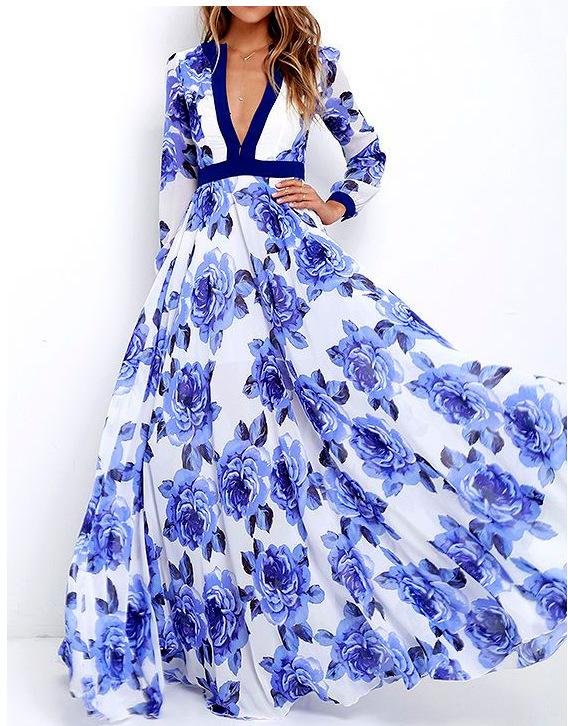 Blue Floral Print V Neck Long Maxi Dresses-Maxi Dresses-The same as picture-S-Free Shipping Leatheretro
