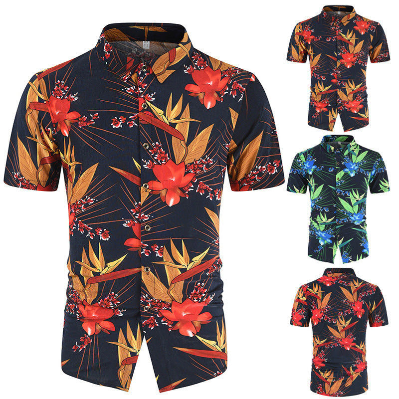 Casual 3D Floral Print Short Sleeves Men's Shirts-Shirts & Tops-Red-M-Free Shipping Leatheretro