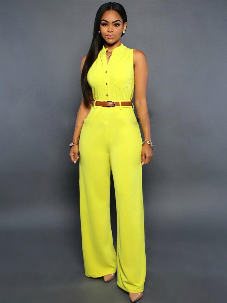 Sexy Pocket Jumsuits with Belt-One Piece Suits-Yellow-S-Free Shipping Leatheretro