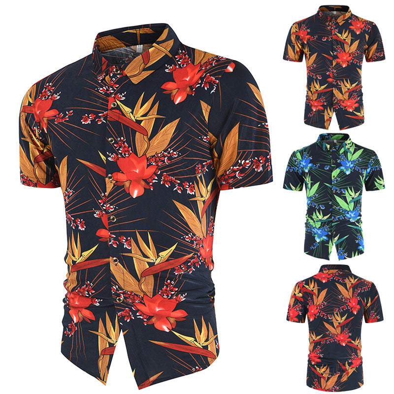 Casual 3D Floral Print Short Sleeves Men's Shirts-Shirts & Tops-Red-M-Free Shipping Leatheretro