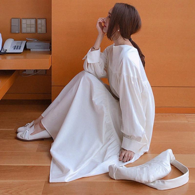 Irregular Long Sleeves Women Rufflled Long Dresses-Cozy Dresses-White-S-Free Shipping Leatheretro