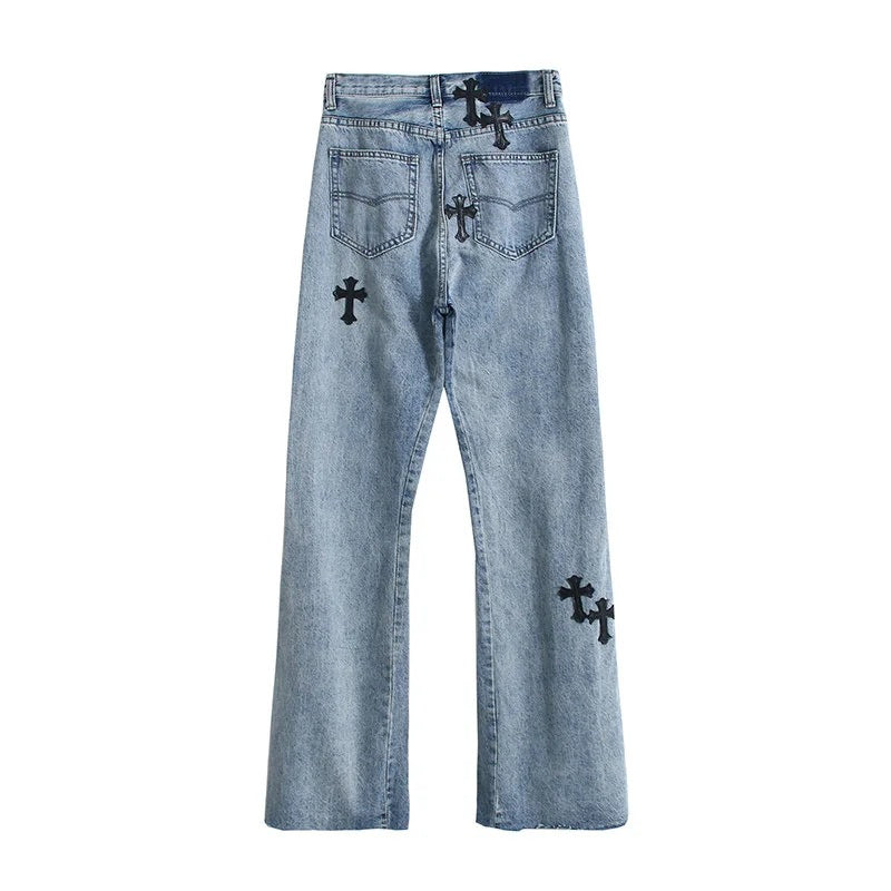 PU Cross Design Women High Waist Wide Jean Pants-Pants-Blue-S-Free Shipping Leatheretro