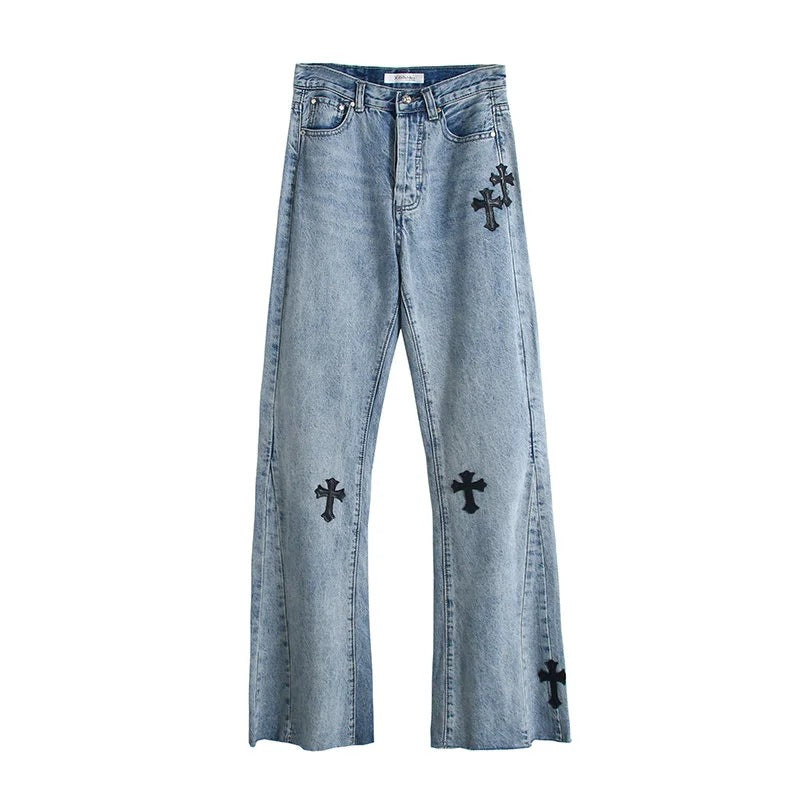 PU Cross Design Women High Waist Wide Jean Pants-Pants-Blue-S-Free Shipping Leatheretro