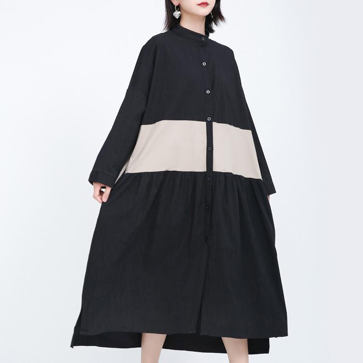 Women Causal Linen Contrast Long Cozy Fall Dresses-Cozy Dresses-Black-One Size-Free Shipping Leatheretro
