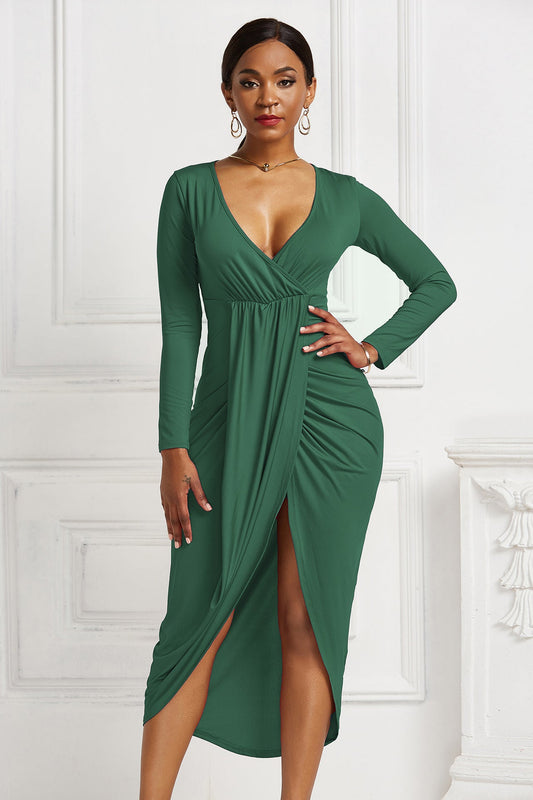 Sexy Plus Sizes Long Sleeves V Neck Dresses-Dresses-Green-S-Free Shipping Leatheretro