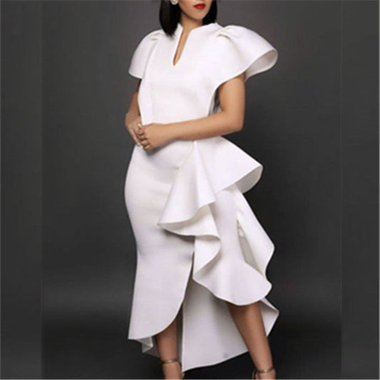 Irregular Women High Waist Ruffled Plus Sizes Dresses-Dresses-White-S-Free Shipping Leatheretro