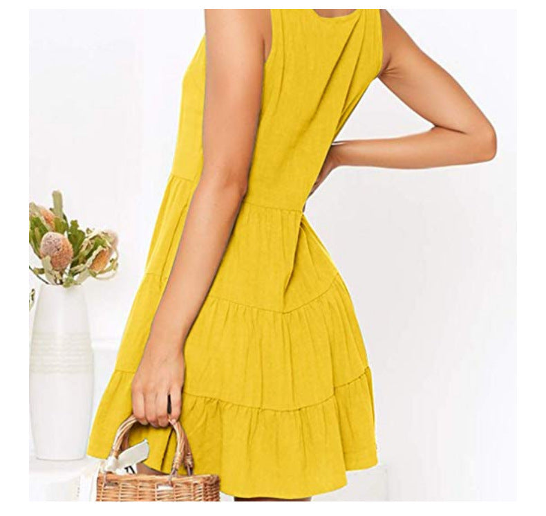 Summer Button Sleeves Daily Dresses-Dresses-Yellow-S-Free Shipping Leatheretro
