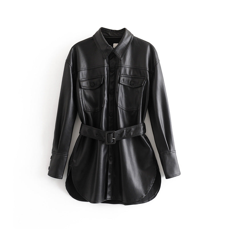 Fashion Casual Pu Leather Jackets Coat with Belt-Coats & Jackets-Black-XS-Free Shipping Leatheretro