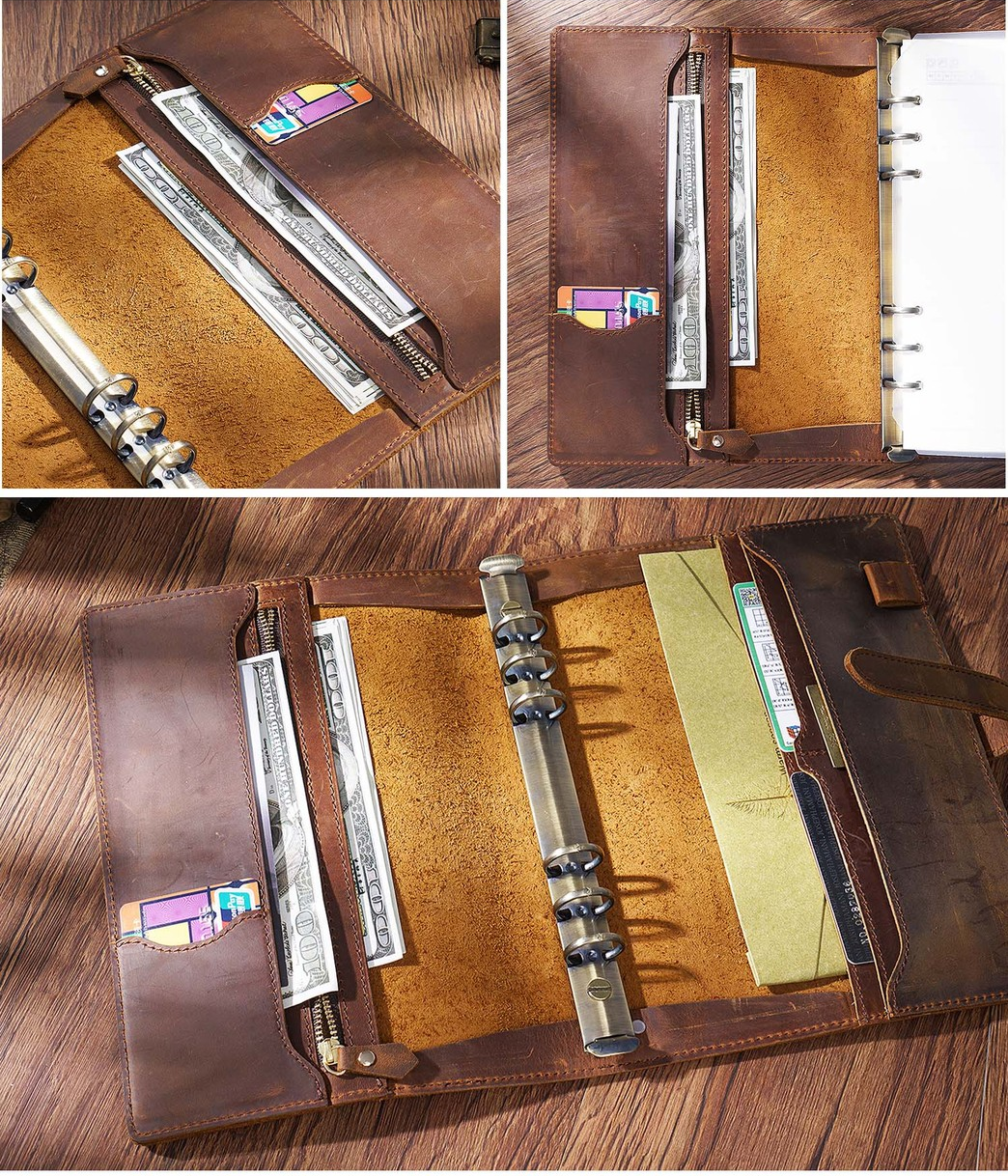 Vintage A5/A6 Sized 6 Ring Binder Leather Portfolio/Journal Book-Portfolios & Padfolios-Brown-A5-Free Shipping Leatheretro