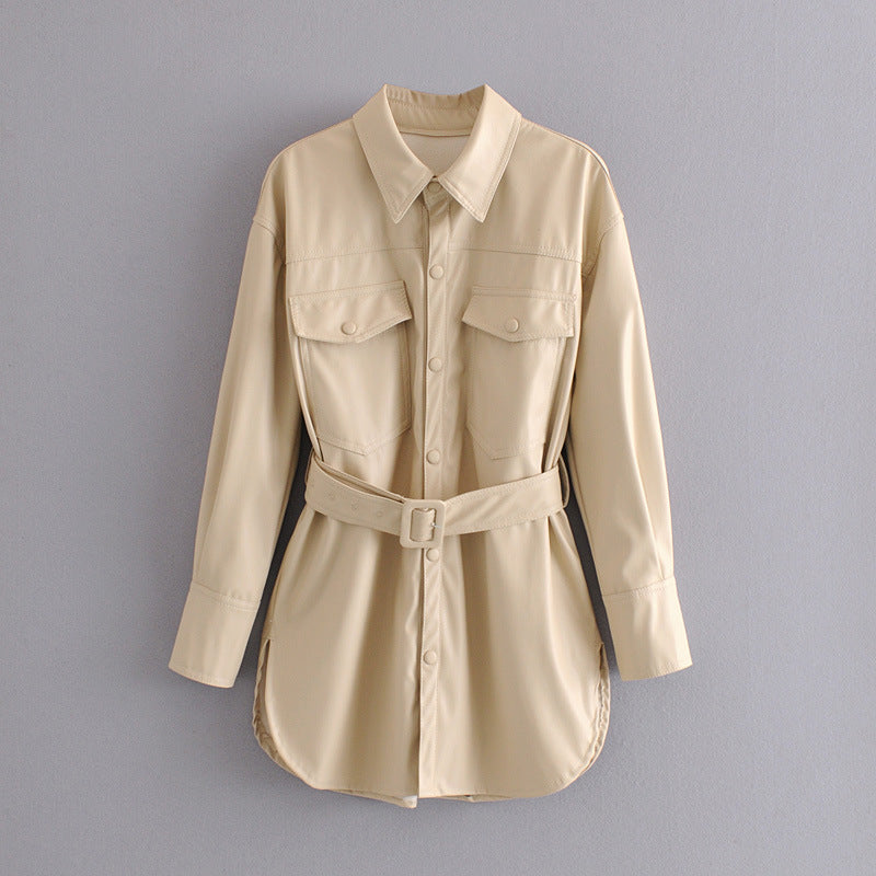 Fashion Casual Pu Leather Jackets Coat with Belt-Coats & Jackets-Ivory-XS-Free Shipping Leatheretro